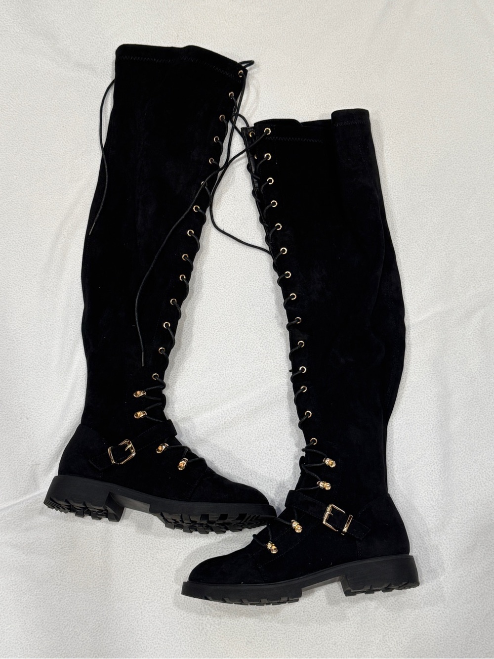 JustFab Black Over-the-Knee Lace-Up Boots with Gold Hardware